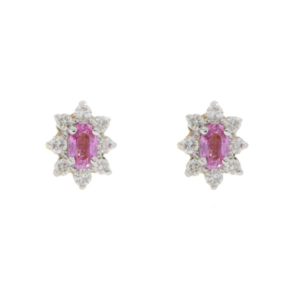 Pink sapphire and diamond cluster earrings, 18ct yellow gold mounts