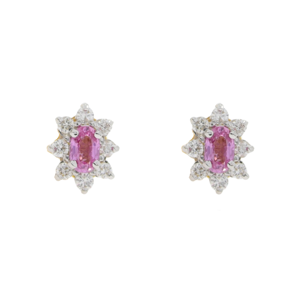 Pink sapphire and diamond cluster earrings, 18ct yellow gold mounts