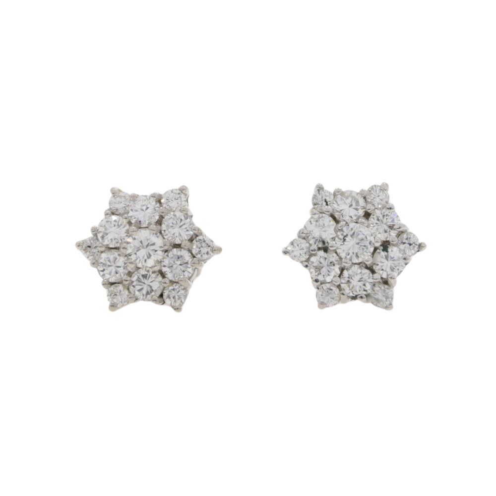 Diamond two row cluster earrings, 18ct white gold mounts