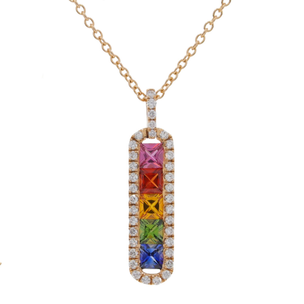 Multi coloured Sapphire and diamond long drop pendant, 18ct rose gold mount and necklet