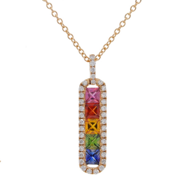 Multi coloured Sapphire and diamond long drop pendant, 18ct rose gold mount and necklet