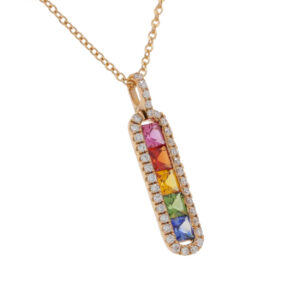 S271.5 Multi coloured sapphire and diamond rose gold drop pendant side