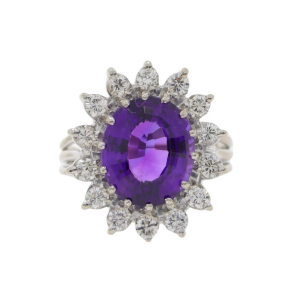 Amethyst and diamond cluster ring, 18ct white gold mount