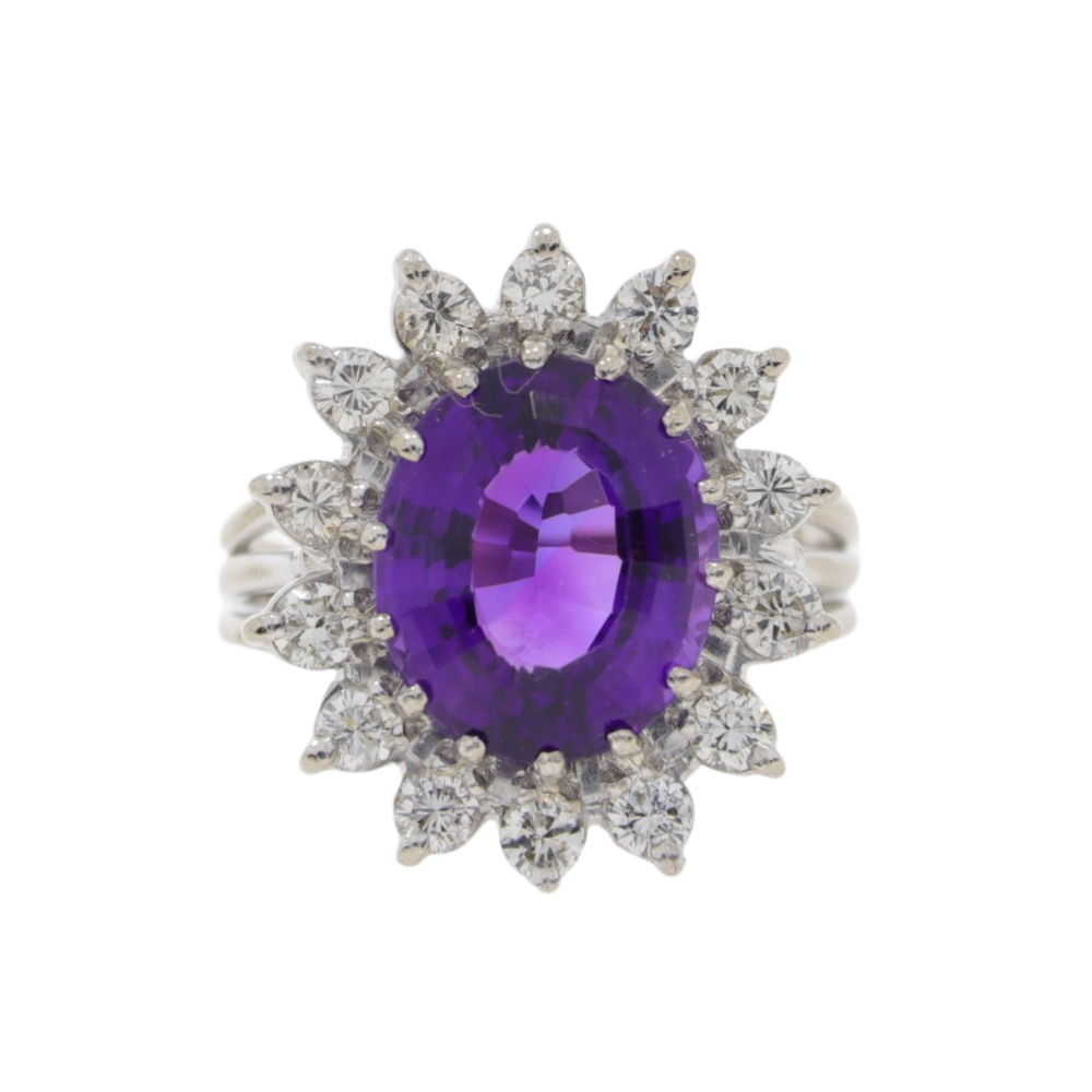 Amethyst and diamond cluster ring, 18ct white gold mount