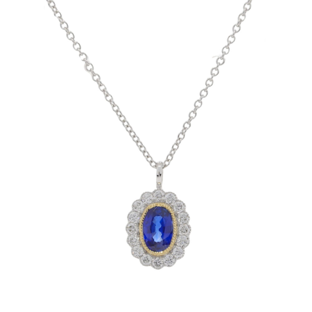 Sapphire and diamond millegrain oval cluster pendant, 18ct white gold mount and necklet