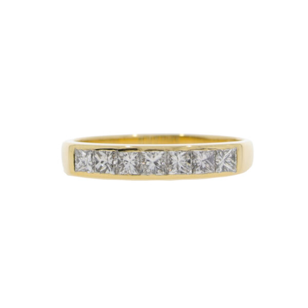 Diamond Princess cut seven stone channel set half eternity ring, 18ct yellow gold mount
