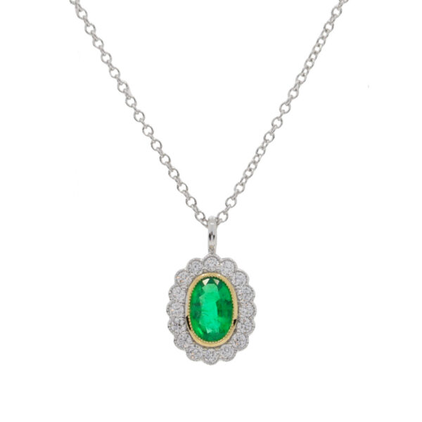 Emerald and diamond millegrain oval cluster pendant, 18ct white gold mount and necklet