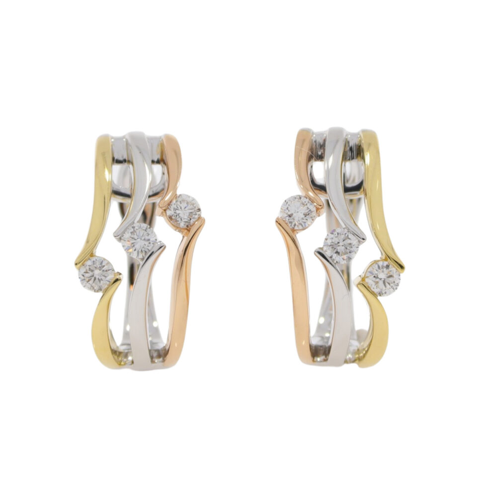 Diamond three stone large hoop earrings and 18ct 3 colour gold mounts