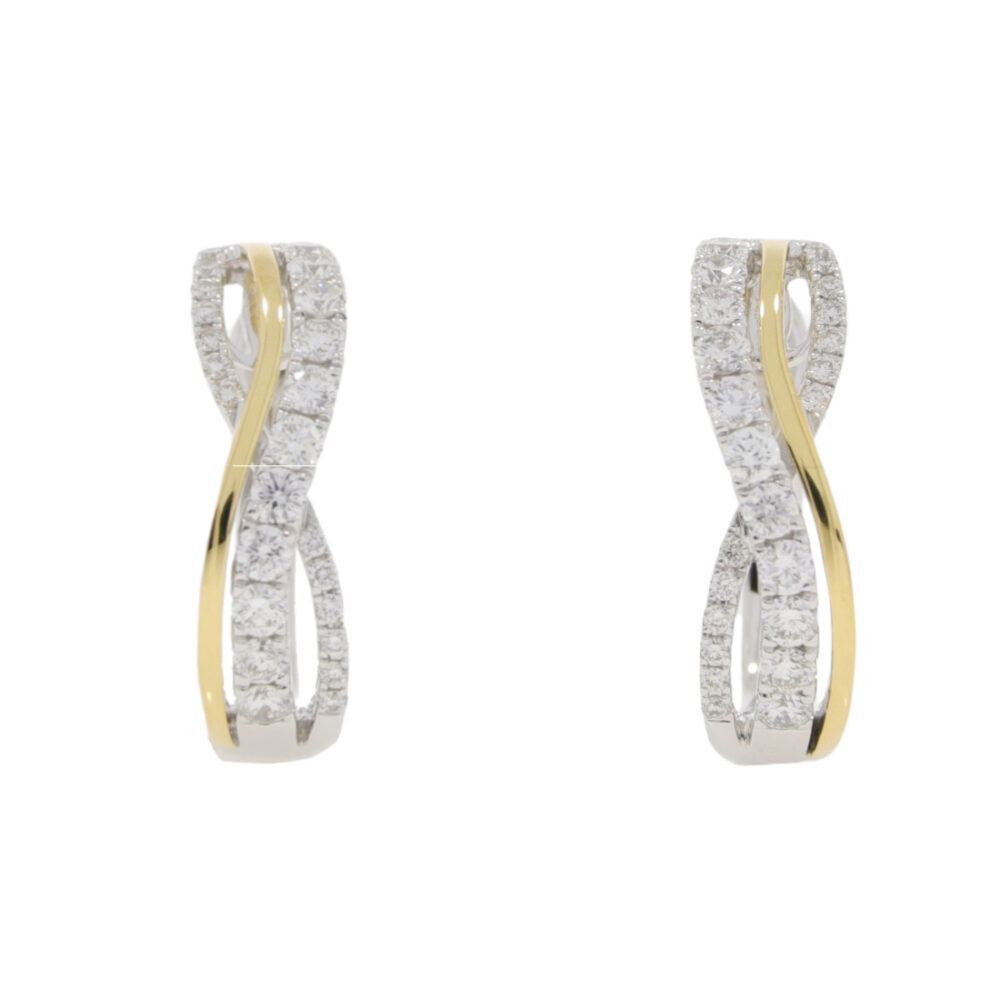Diamond crossover two row 18ct white and yellow gold hoop earrings