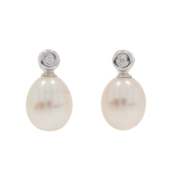 Diamond and freshwater cultured pearl two stone earrings, 18ct white gold mounts