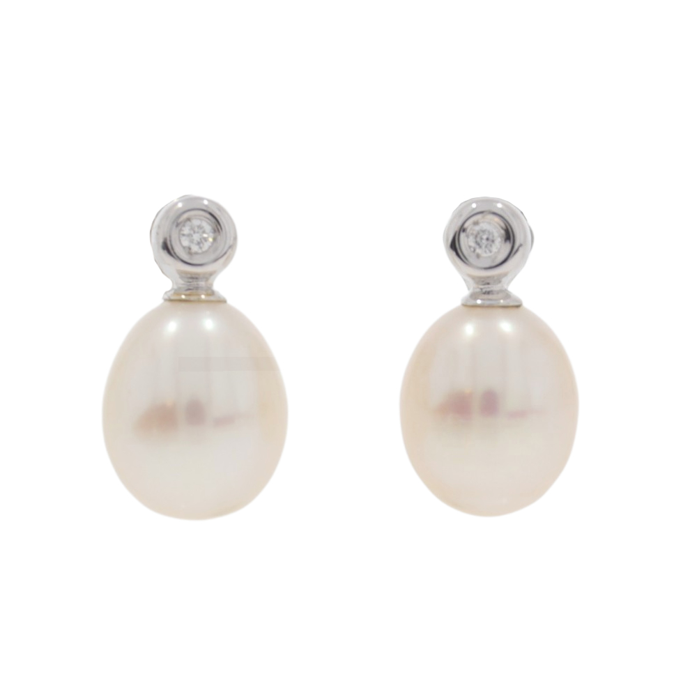 Diamond and freshwater cultured pearl two stone earrings, 18ct white gold mounts
