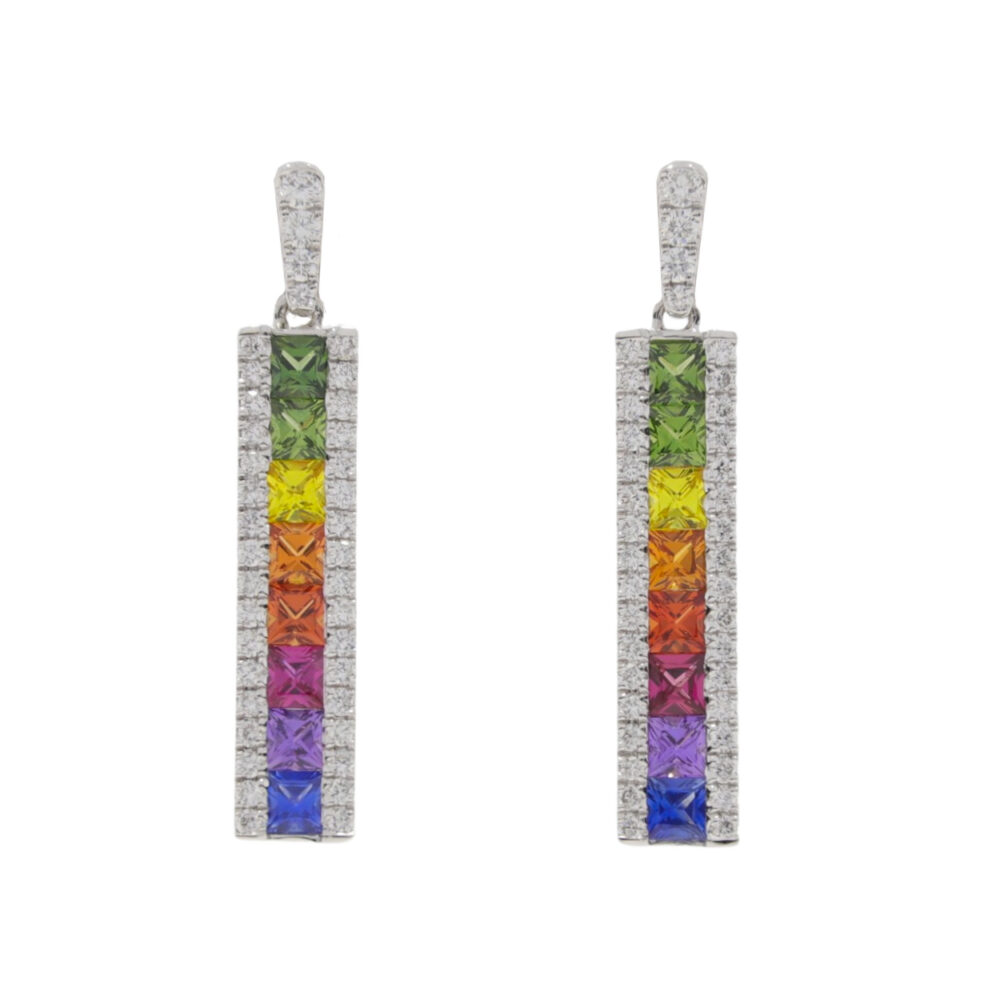 Multi coloured Sapphire and diamond long drop 3 row earrings, 18ct white gold mounts