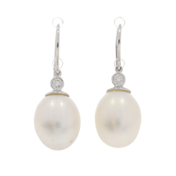 Diamond and freshwater cultured pearl two stone drop earrings, 18ct white gold hook fittings